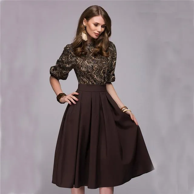 2017 Autumn Fashion Women Flower Print Dress Casual O-neck Lantern Sleeve Dresses Vintage Draped Mid-calf Party Dress Vestidos