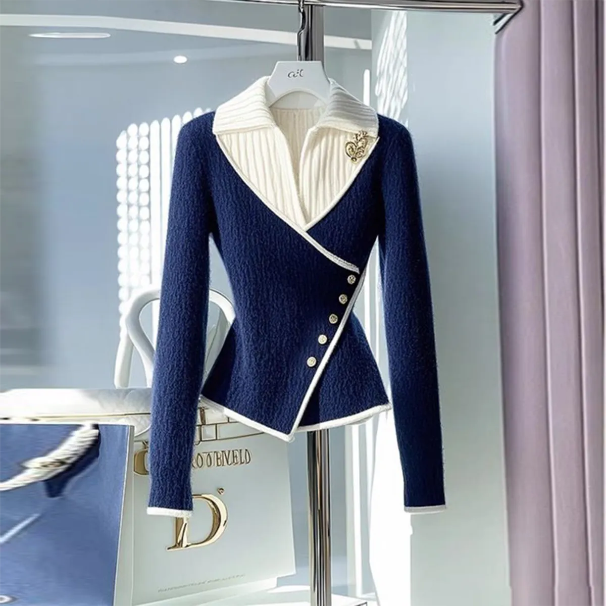Benedetta® | Blue V-Neck Sweater with Colour Block