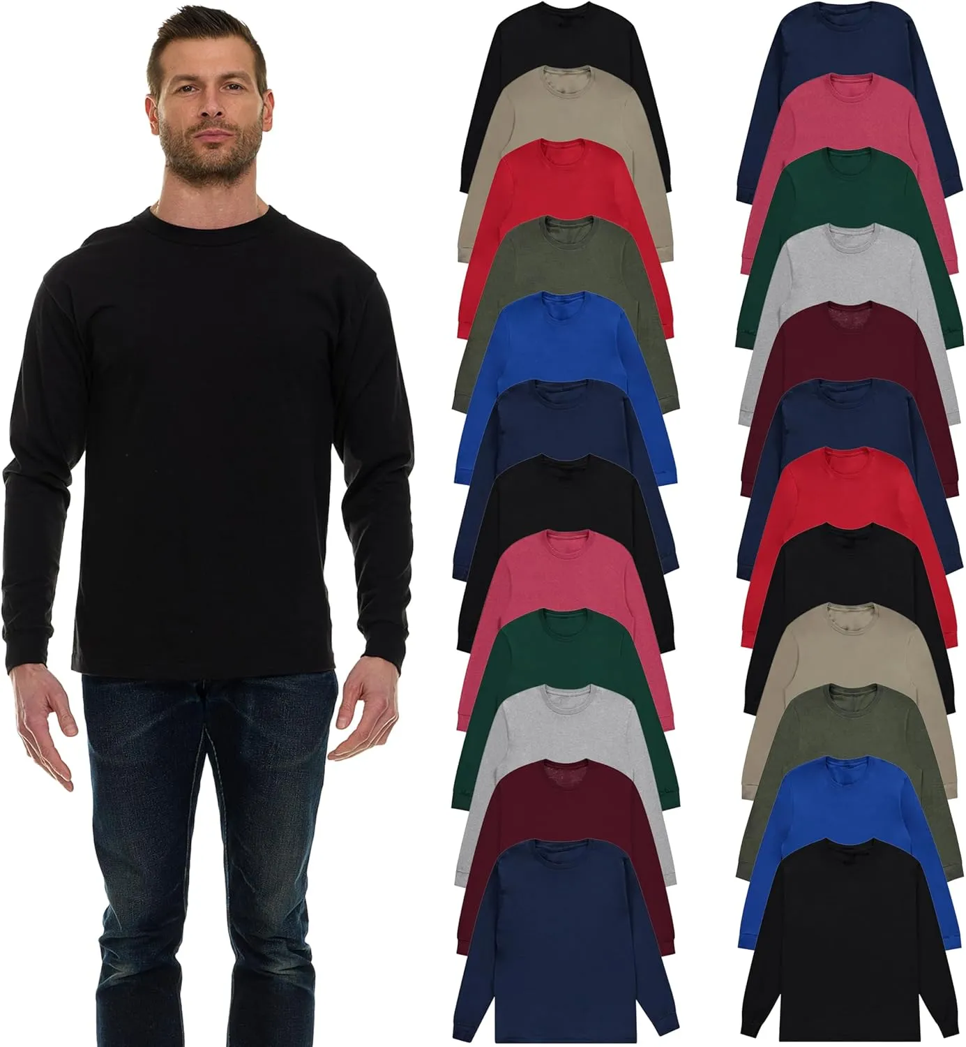 BILLIONHATS Mens Long Sleeve Colorful T-Shirts, 100% Cotton - Crew Neck Bulk Tees for Men, Wholesale Sleeved Tshirt Packs