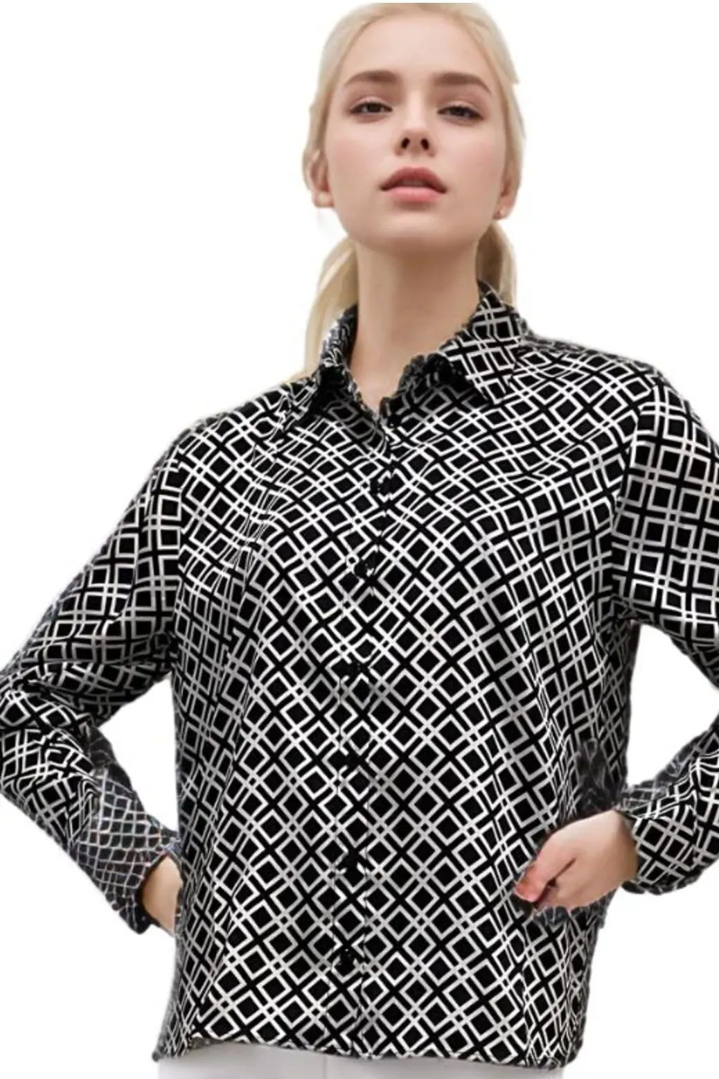 Black White Satin Button Down Shirt