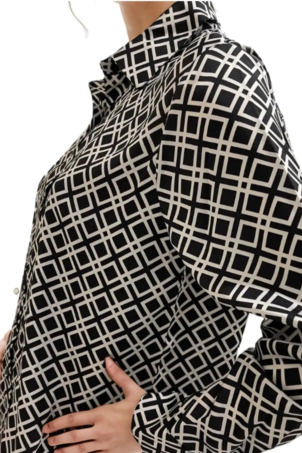 Black White Satin Button Down Shirt