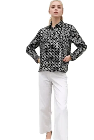 Black White Satin Button Down Shirt