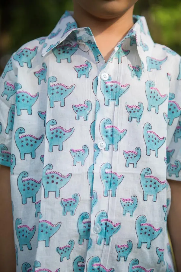 Blue & White Dino Print Shirt Shorts Boy’s Co-ord Set
