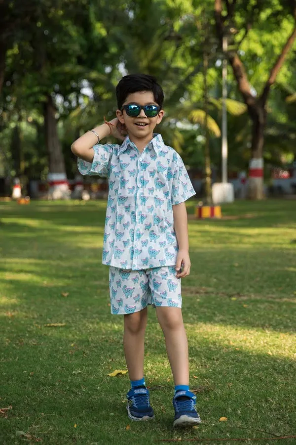 Blue & White Dino Print Shirt Shorts Boy’s Co-ord Set