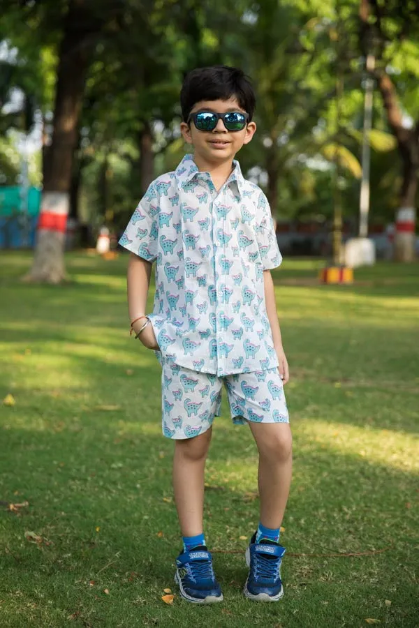 Blue & White Dino Print Shirt Shorts Boy’s Co-ord Set