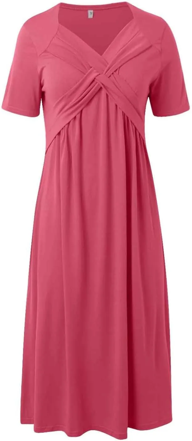 Boho A-Line Dress for Women Flowy V-Neck Sundress with Pockets Casual Beach Midi Dress in Cross Front Embroidery
