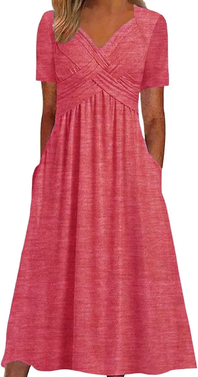 Boho A-Line Dress for Women Flowy V-Neck Sundress with Pockets Casual Beach Midi Dress in Cross Front Embroidery