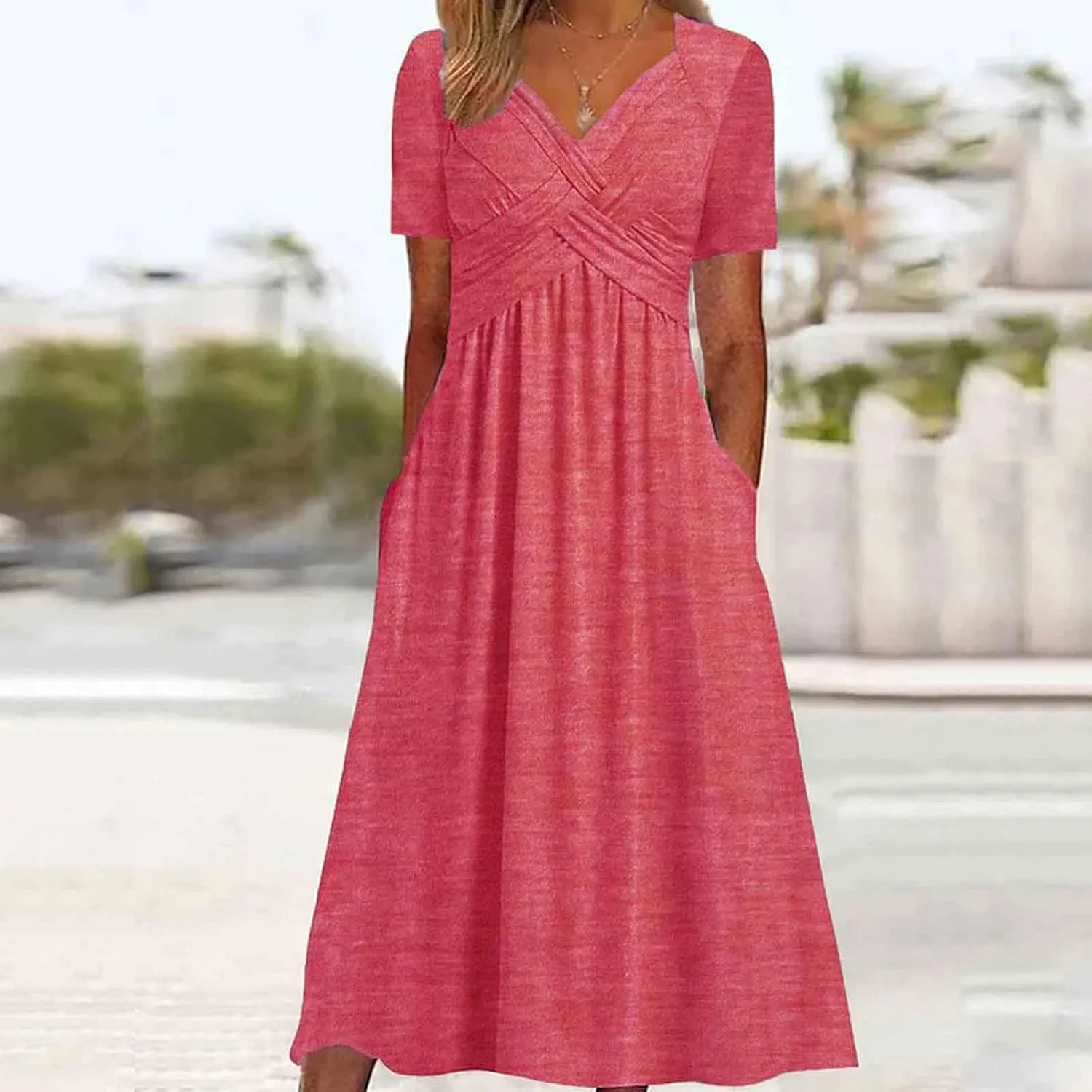 Boho A-Line Dress for Women Flowy V-Neck Sundress with Pockets Casual Beach Midi Dress in Cross Front Embroidery