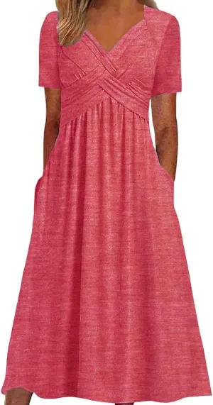 Boho A-Line Dress for Women Flowy V-Neck Sundress with Pockets Casual Beach Midi Dress in Cross Front Embroidery