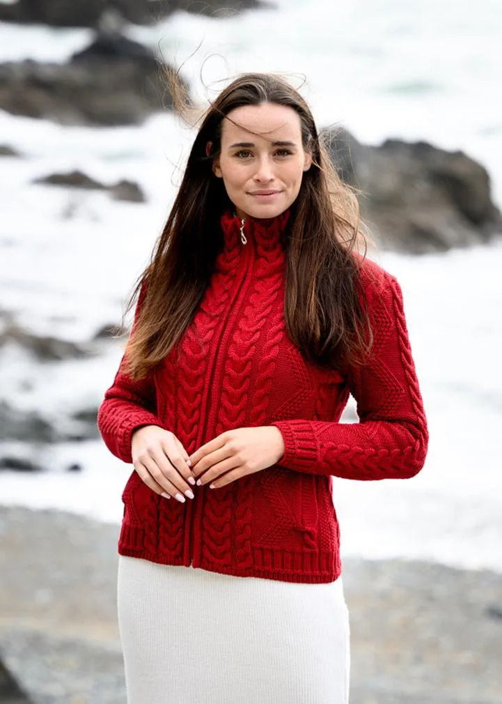 Cable Knit Aran Cardigan | Red - Clearance
