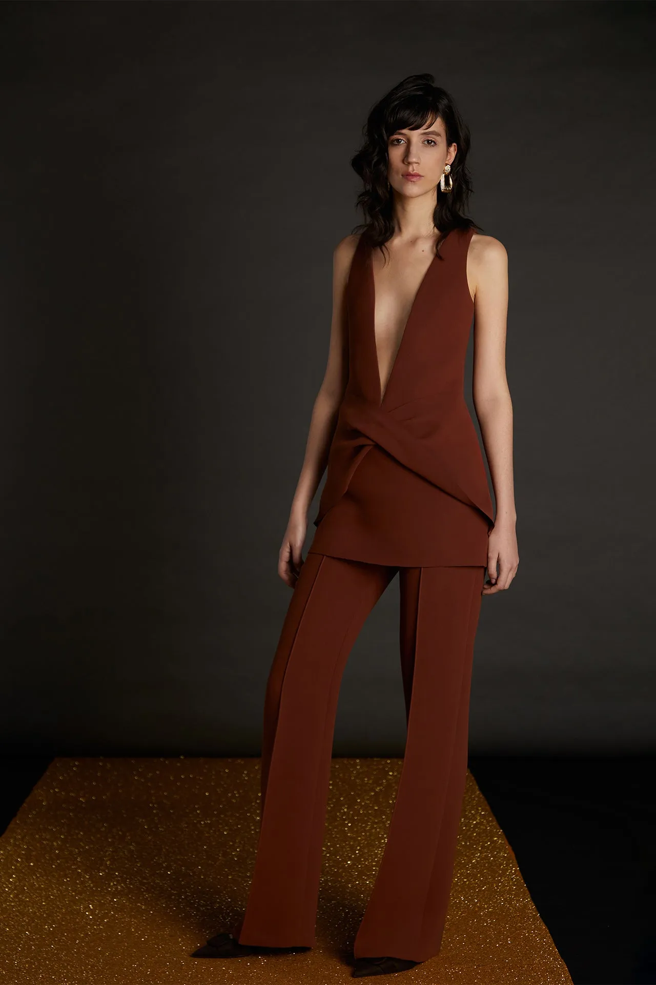 Chic Crepe Set with Deep V-Neck