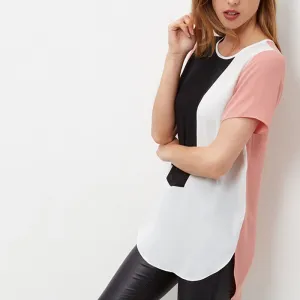 Color Block Top  Women T Shirt Summer Color Block Short Sleeve O-Neck Casual T Shirts Tunic