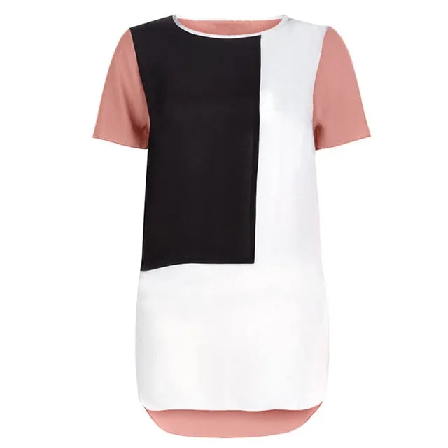 Color Block Top  Women T Shirt Summer Color Block Short Sleeve O-Neck Casual T Shirts Tunic