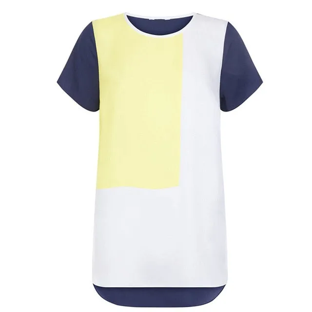 Color Block Top  Women T Shirt Summer Color Block Short Sleeve O-Neck Casual T Shirts Tunic