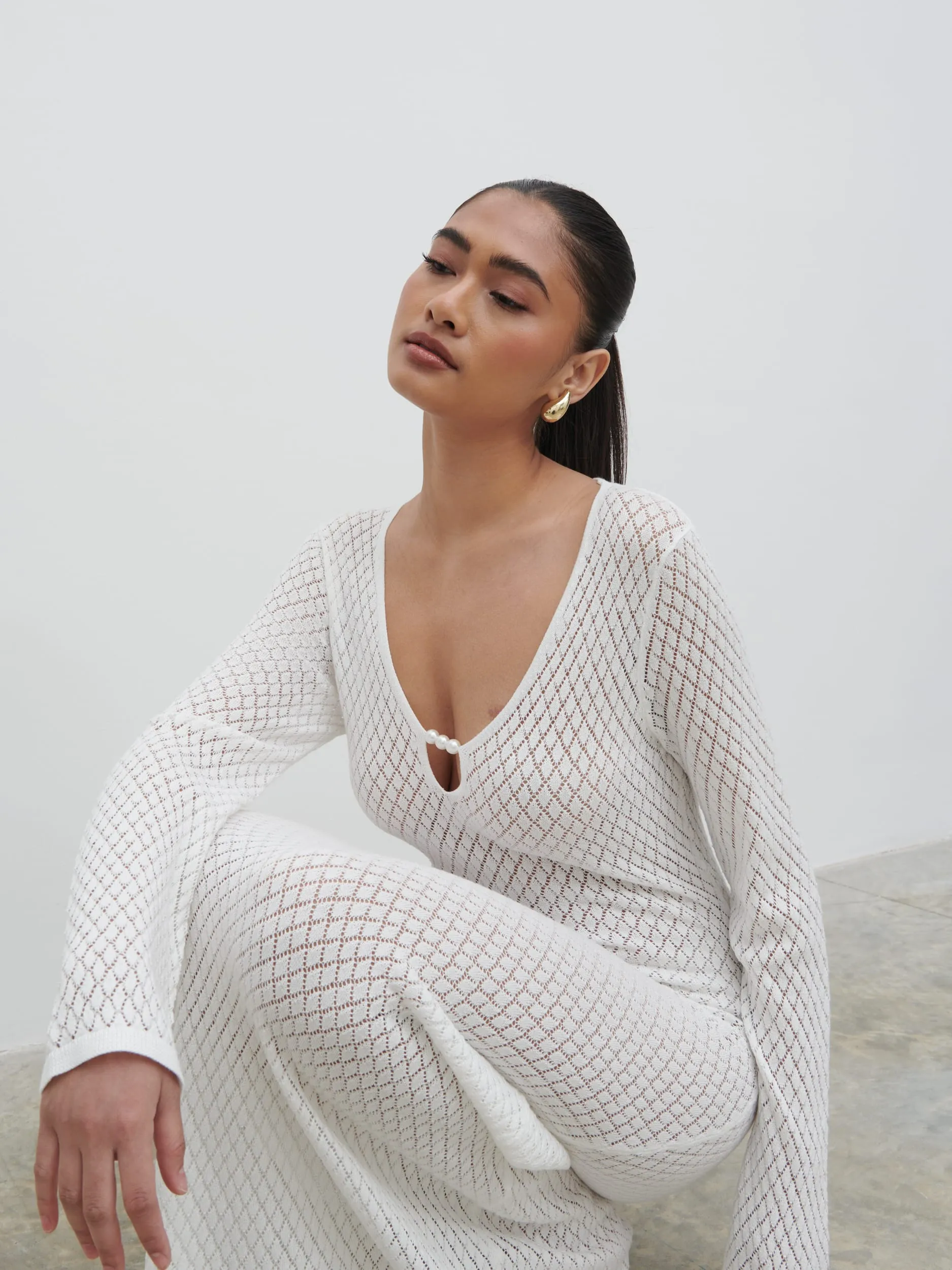 Croisette Knit Beaded Midaxi Dress - Ivory