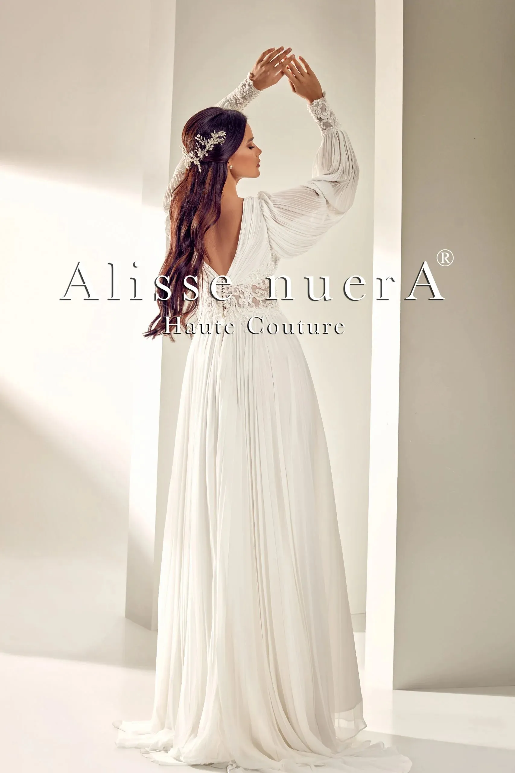 Draped Chiffon Lantern Sleeve Fluffy Bohemian Bridal Dress