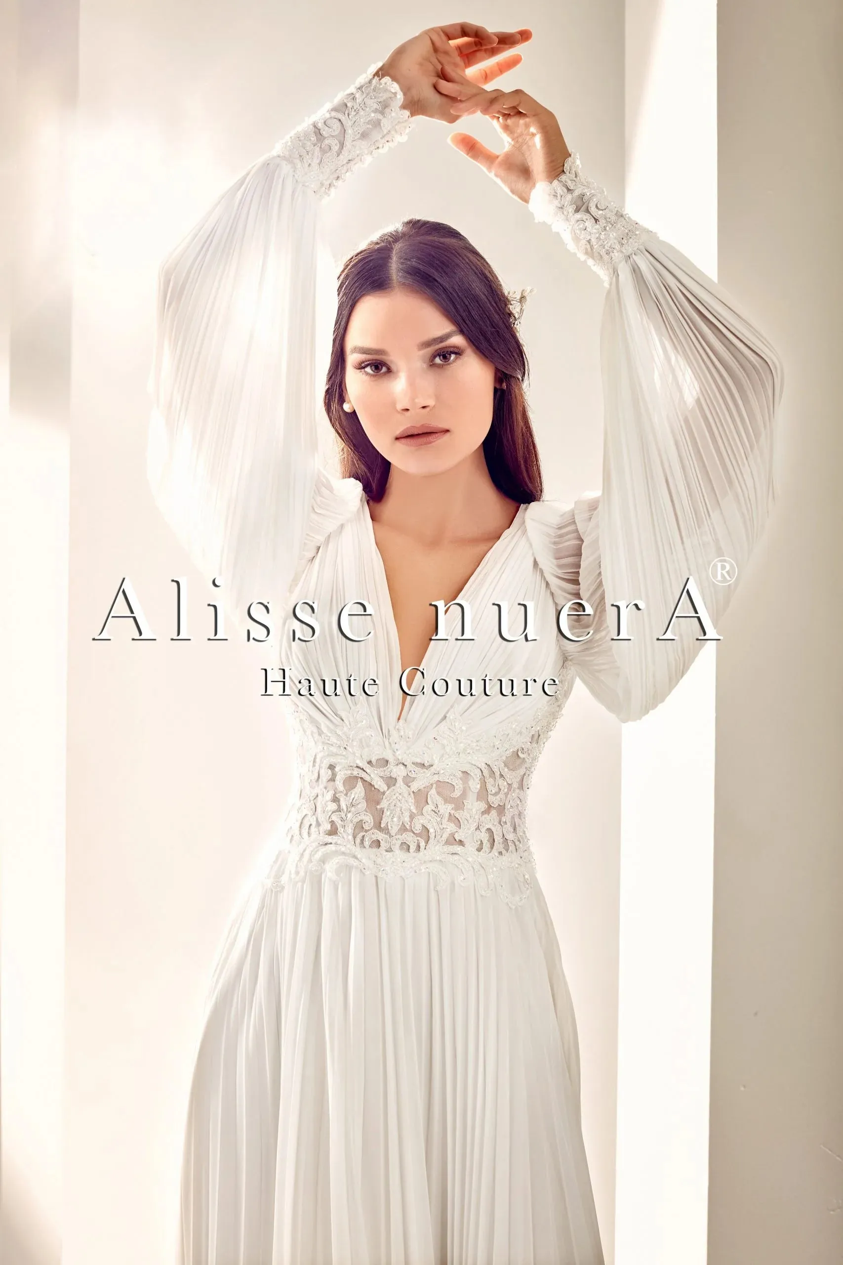 Draped Chiffon Lantern Sleeve Fluffy Bohemian Bridal Dress