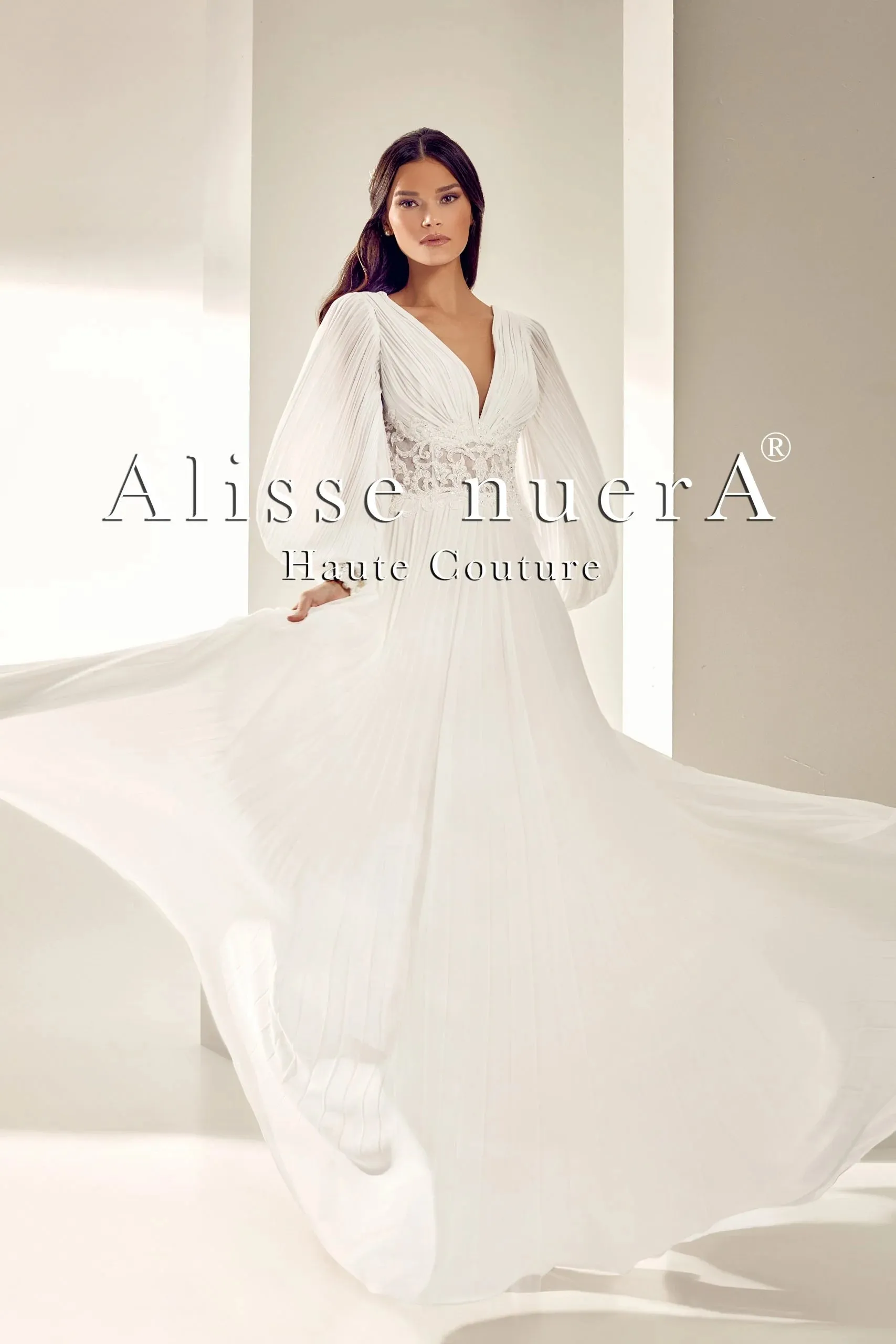Draped Chiffon Lantern Sleeve Fluffy Bohemian Bridal Dress