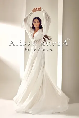 Draped Chiffon Lantern Sleeve Fluffy Bohemian Bridal Dress