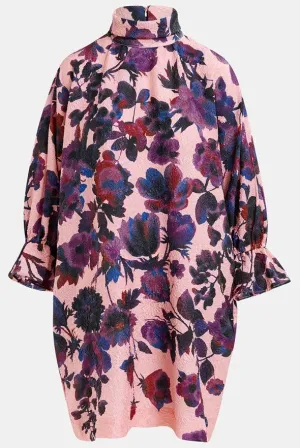 Essentiel Antwerp Light Pink , Navy & Purple Floral Print Mini Dress with High Collar