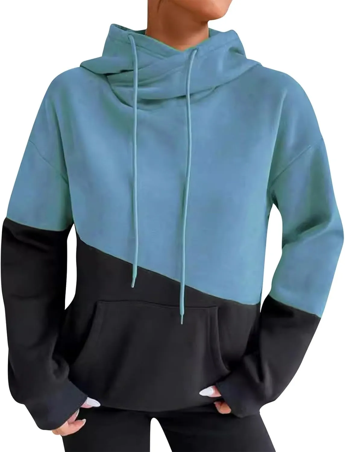 Fleece Hoodie Women Oversized Color Block Cowl Neck Hooded Pullover Casual Loose Drop Shoulder Sweatpants with Pockets