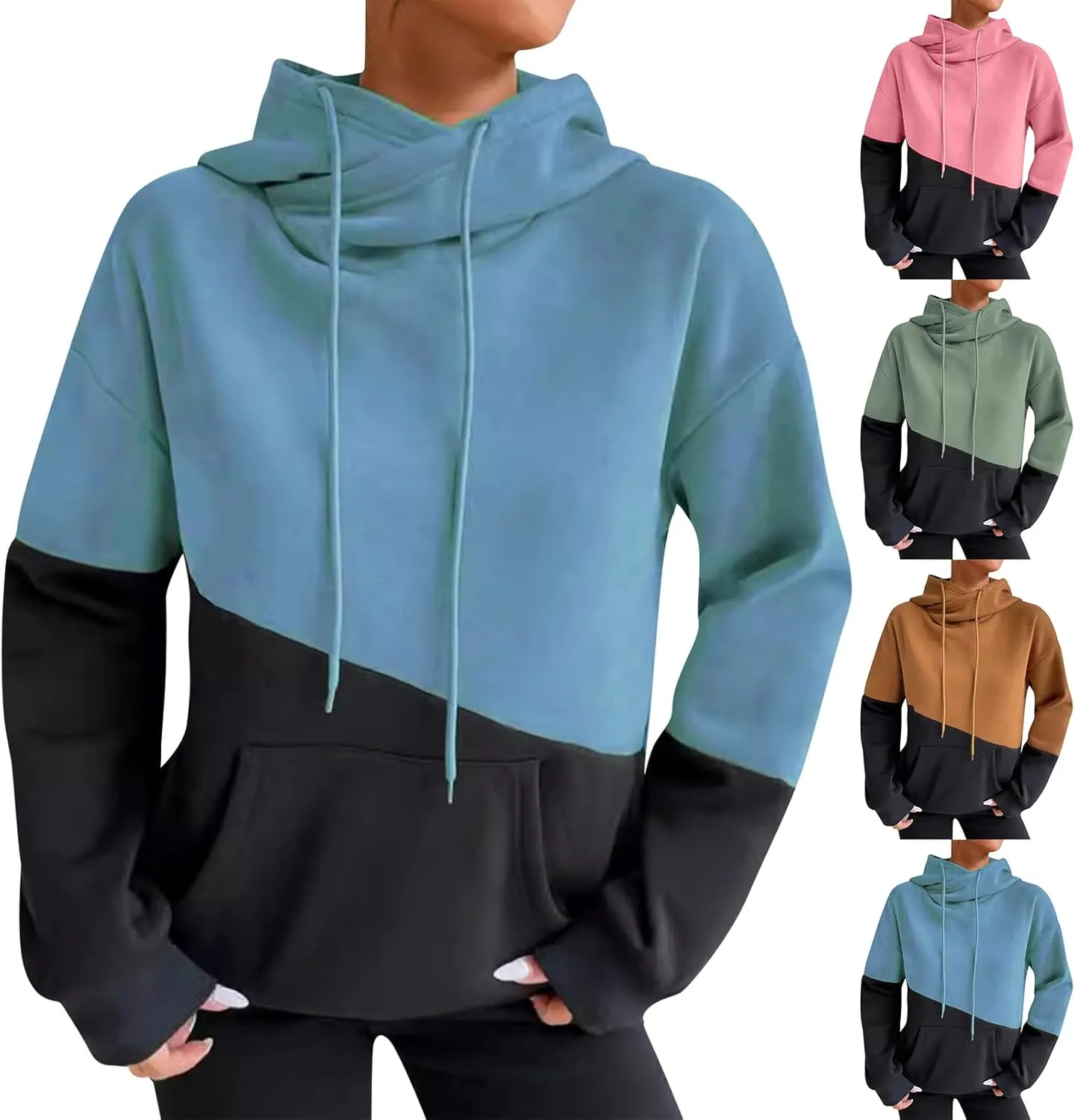 Fleece Hoodie Women Oversized Color Block Cowl Neck Hooded Pullover Casual Loose Drop Shoulder Sweatpants with Pockets