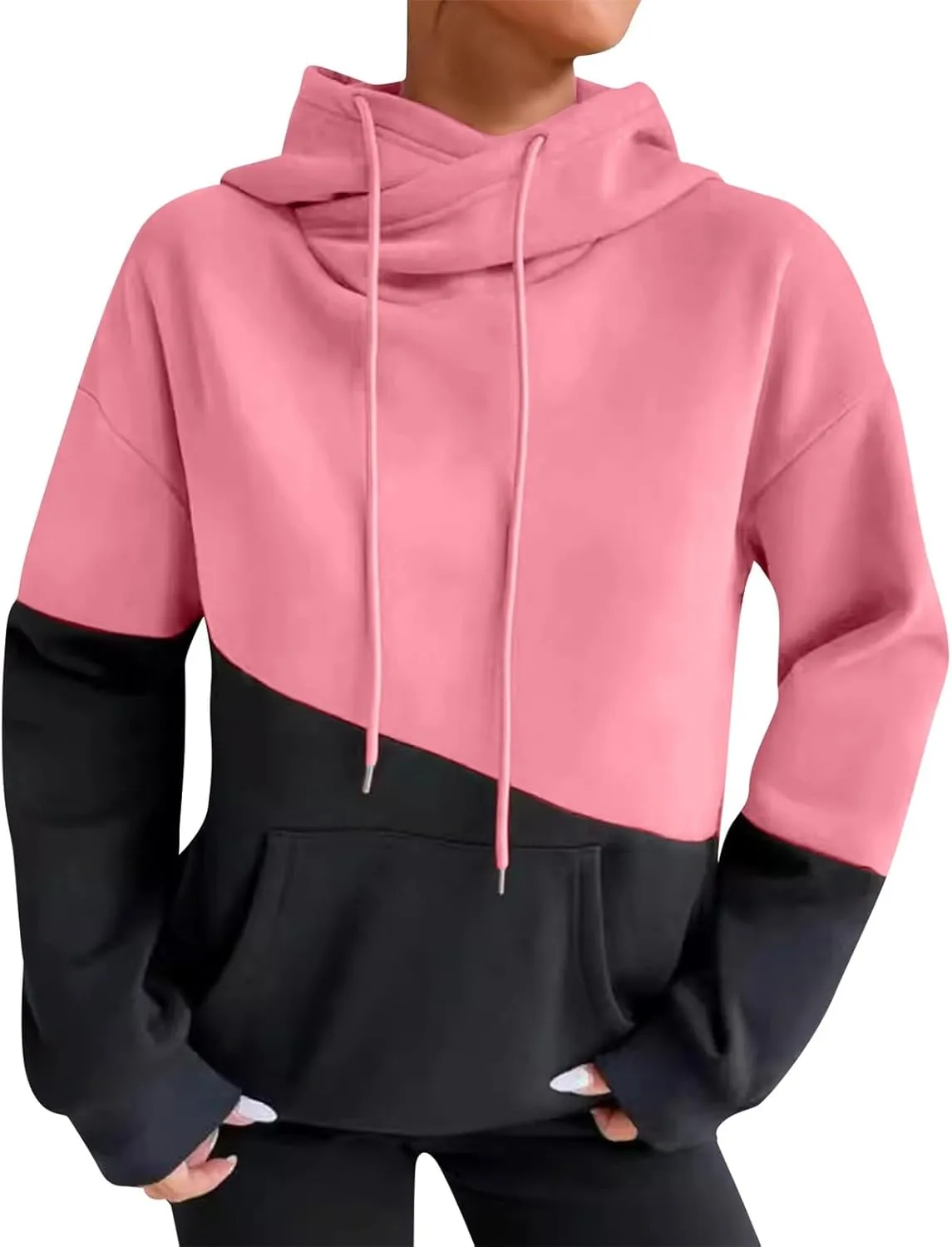 Fleece Hoodie Women Oversized Color Block Cowl Neck Hooded Pullover Casual Loose Drop Shoulder Sweatpants with Pockets