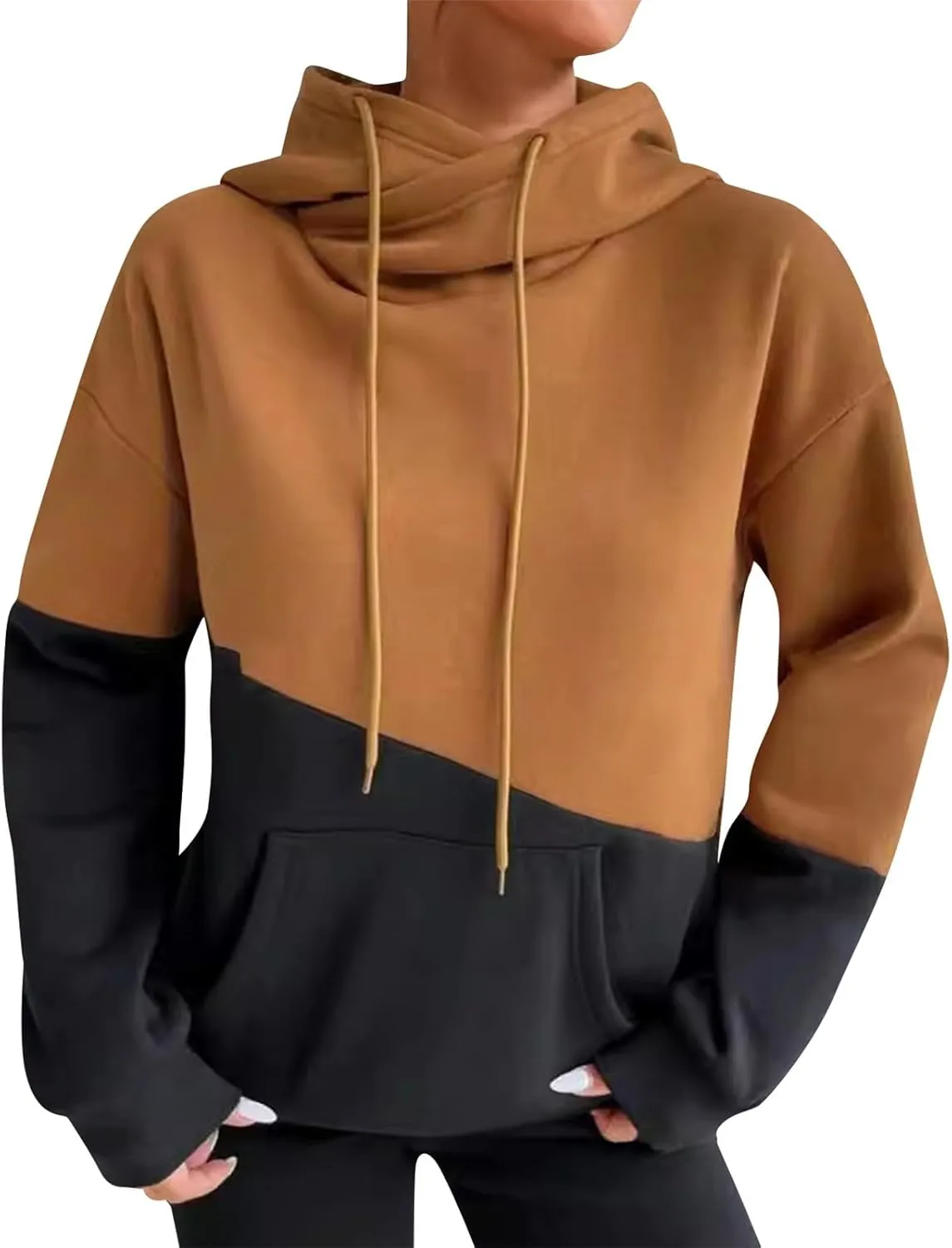 Fleece Hoodie Women Oversized Color Block Cowl Neck Hooded Pullover Casual Loose Drop Shoulder Sweatpants with Pockets