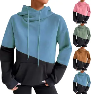 Fleece Hoodie Women Oversized Color Block Cowl Neck Hooded Pullover Casual Loose Drop Shoulder Sweatpants with Pockets