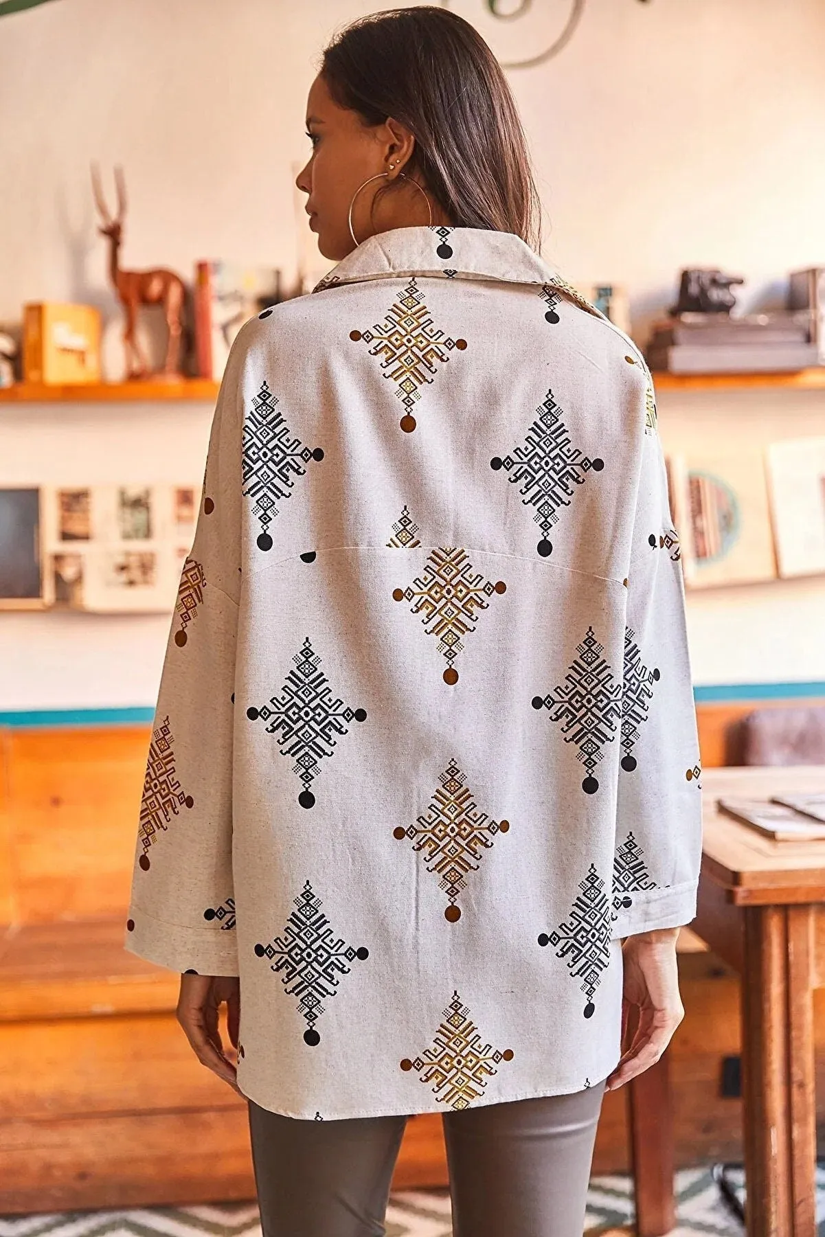 Geometric Print Linen Blouse