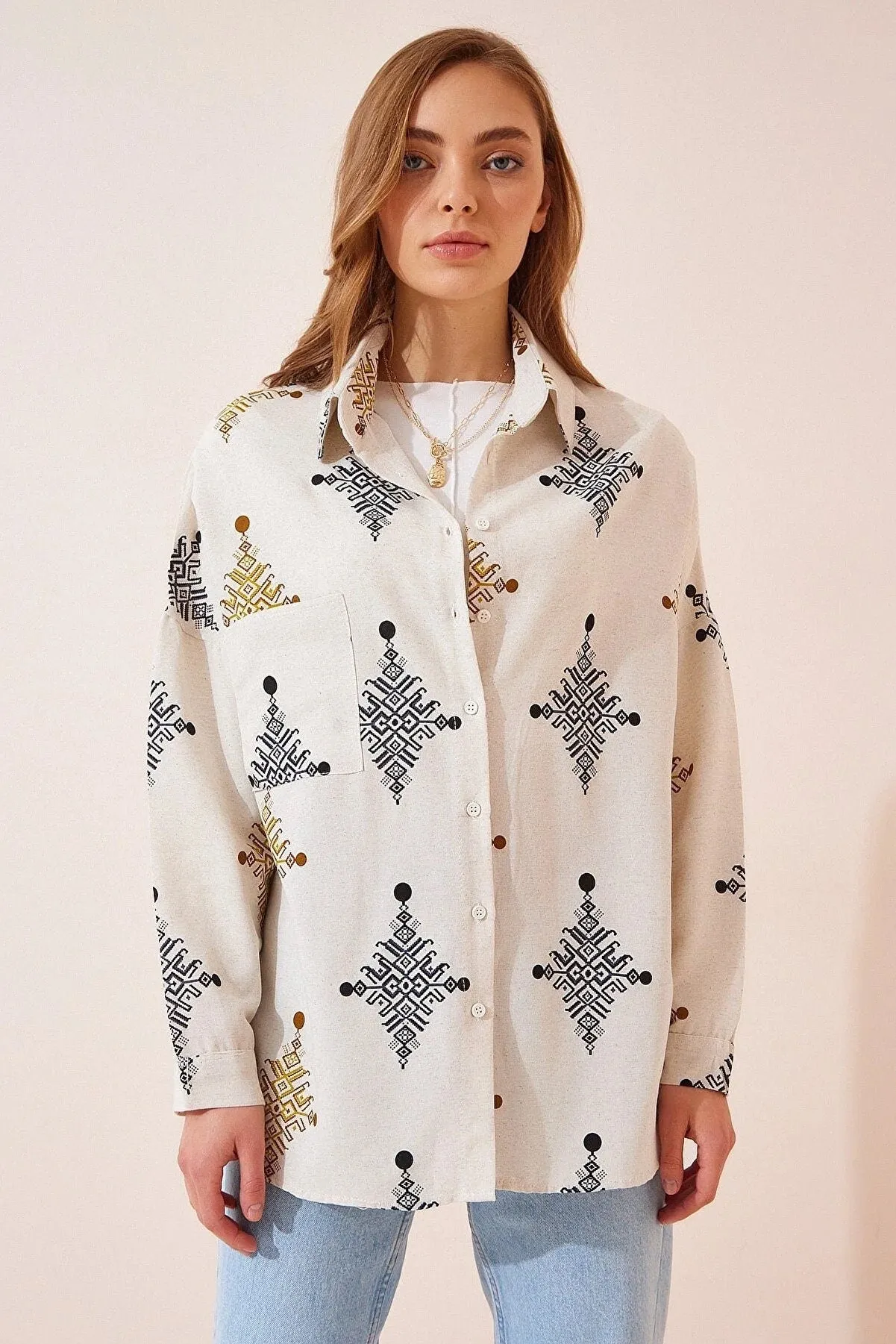 Geometric Print Linen Blouse