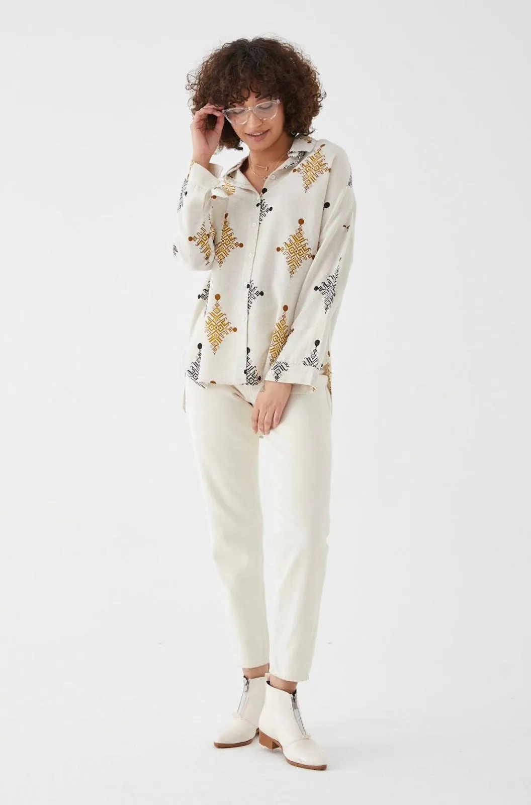 Geometric Print Linen Blouse