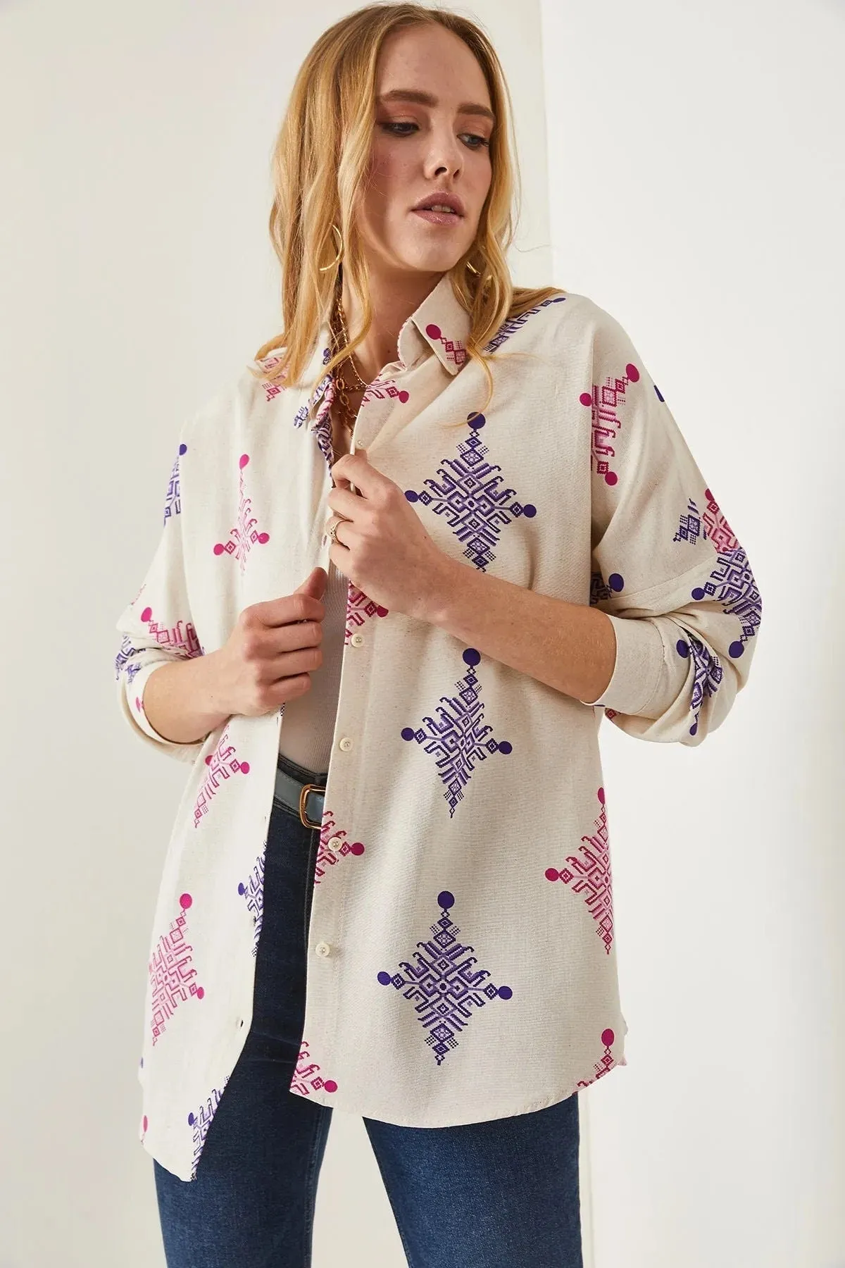 Geometric Print Linen Blouse