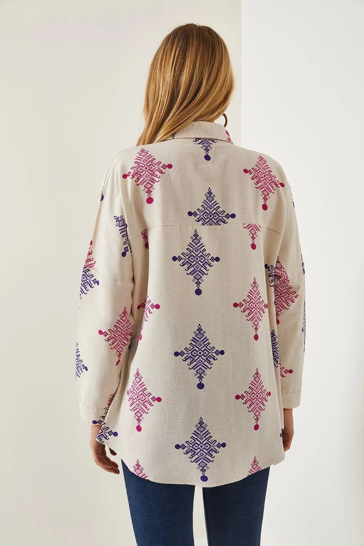 Geometric Print Linen Blouse