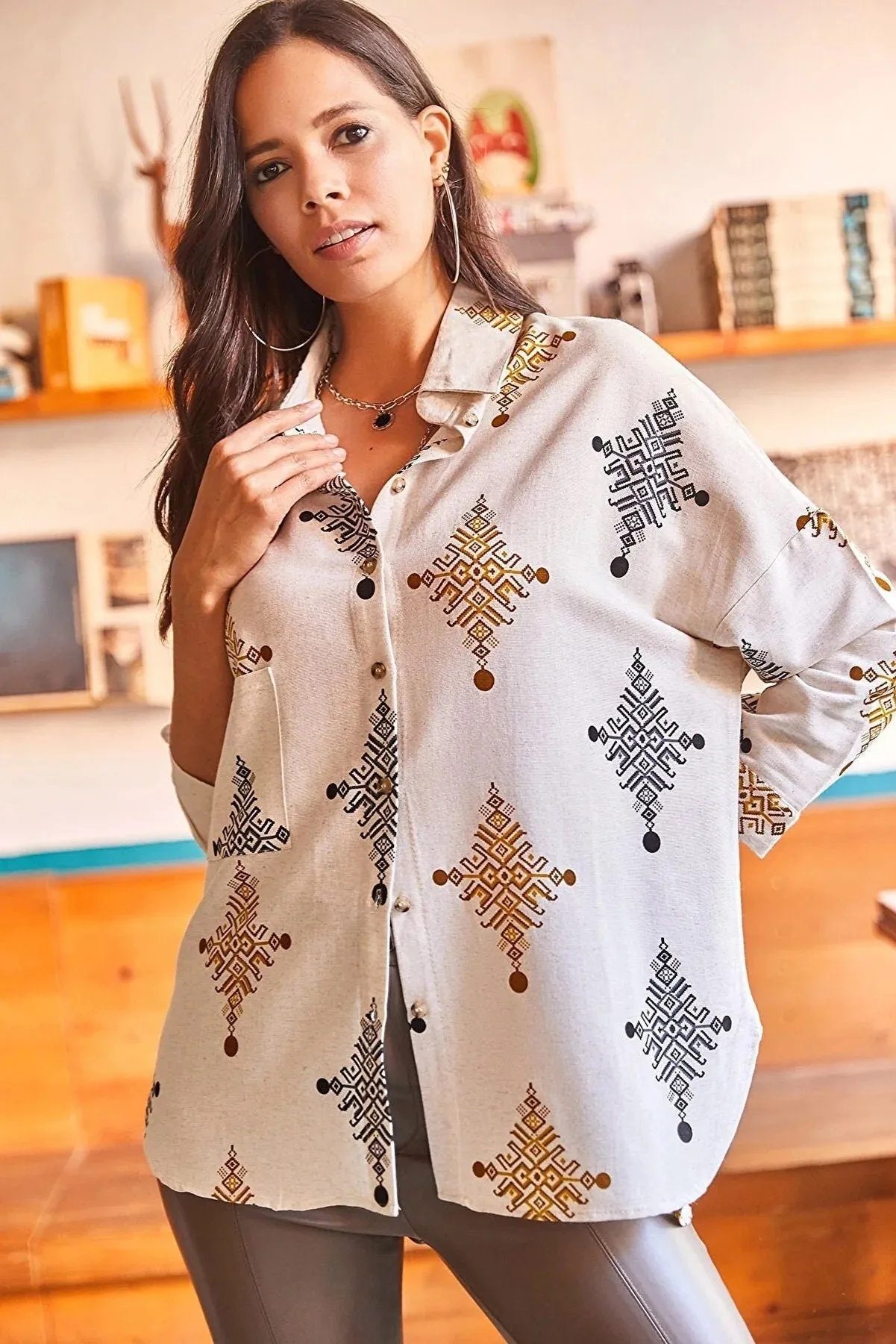Geometric Print Linen Blouse