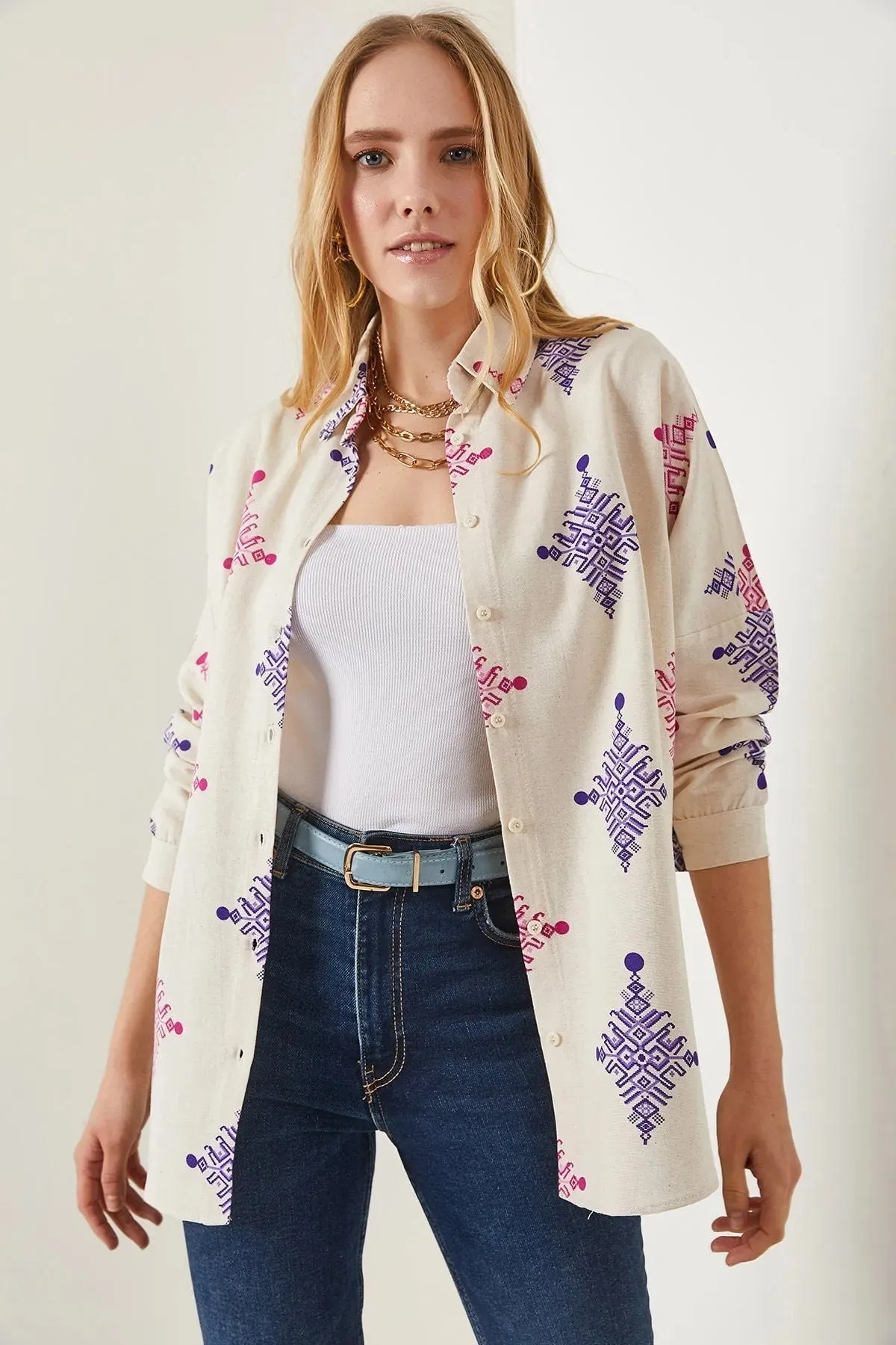 Geometric Print Linen Blouse