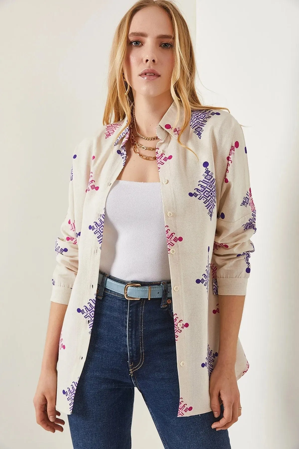 Geometric Print Linen Blouse