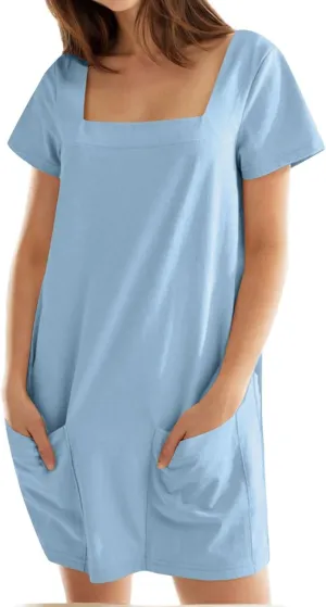 hlysgo Beach Dresses for Women 2025 Summer Short Sleeve Square Neck Casual Dress Solid Soft Comfy Mini Dress with Pockets