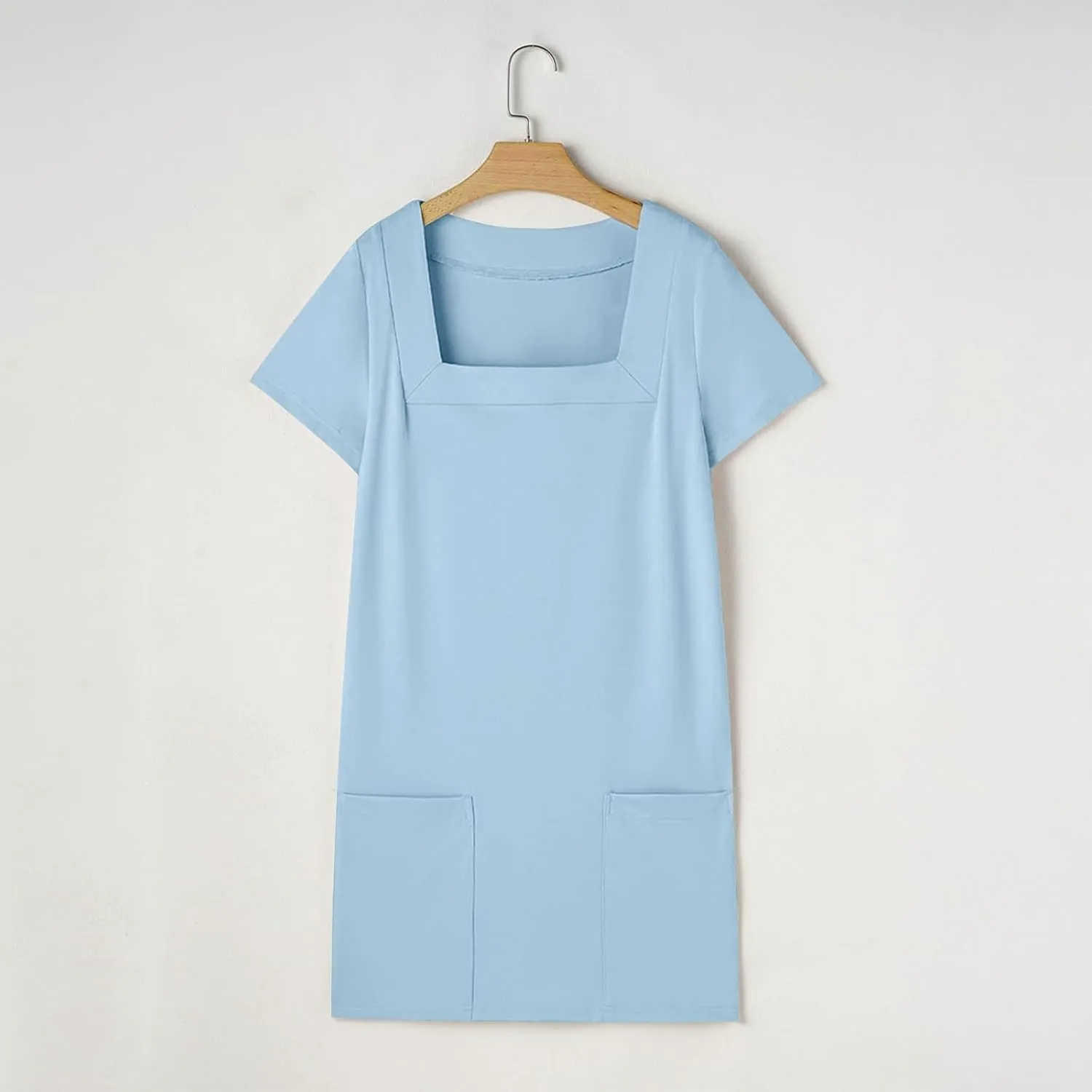 hlysgo Beach Dresses for Women 2025 Summer Short Sleeve Square Neck Casual Dress Solid Soft Comfy Mini Dress with Pockets