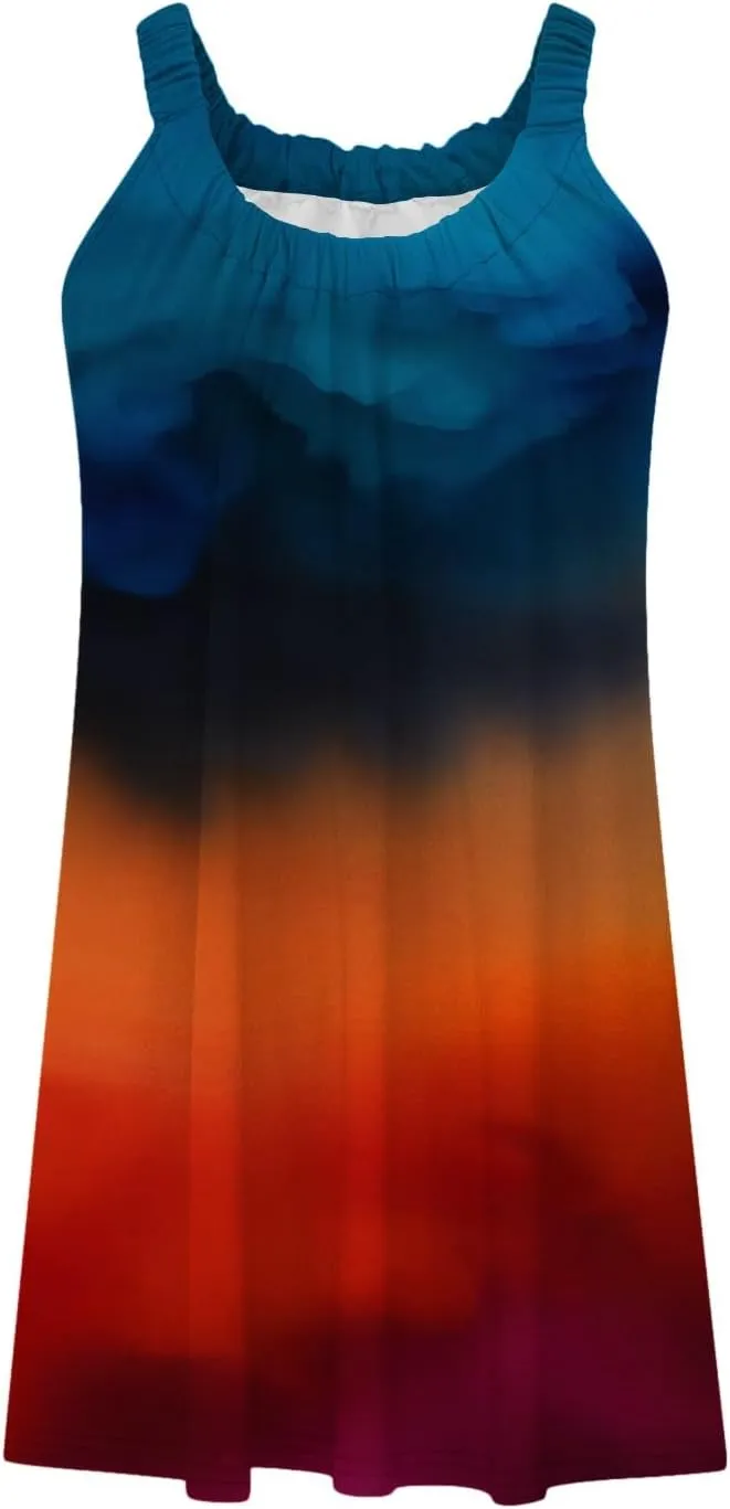 hlysgo Mini Dresses for Women 2025 Summer Tie-Dye Print Short Beach Coverup Dress Casual Loose Fit Sleeveless Mini Sundress