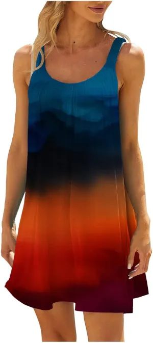 hlysgo Mini Dresses for Women 2025 Summer Tie-Dye Print Short Beach Coverup Dress Casual Loose Fit Sleeveless Mini Sundress