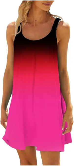 hlysgo Petite Dresses for Women Trendy Gradient Beachwear Coverup Sleeveless Crewneck Mini Dress Summer Knee Length Sundress