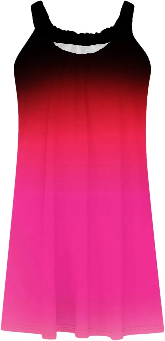 hlysgo Petite Dresses for Women Trendy Gradient Beachwear Coverup Sleeveless Crewneck Mini Dress Summer Knee Length Sundress