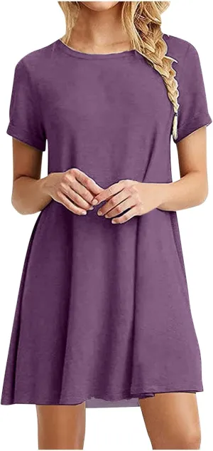hlysgo Summer Mini Dress for Women Casual Loose Fit Short Sleeve Crew Neck T-Shirt Dresses Petite Ladies Knee Length Dress