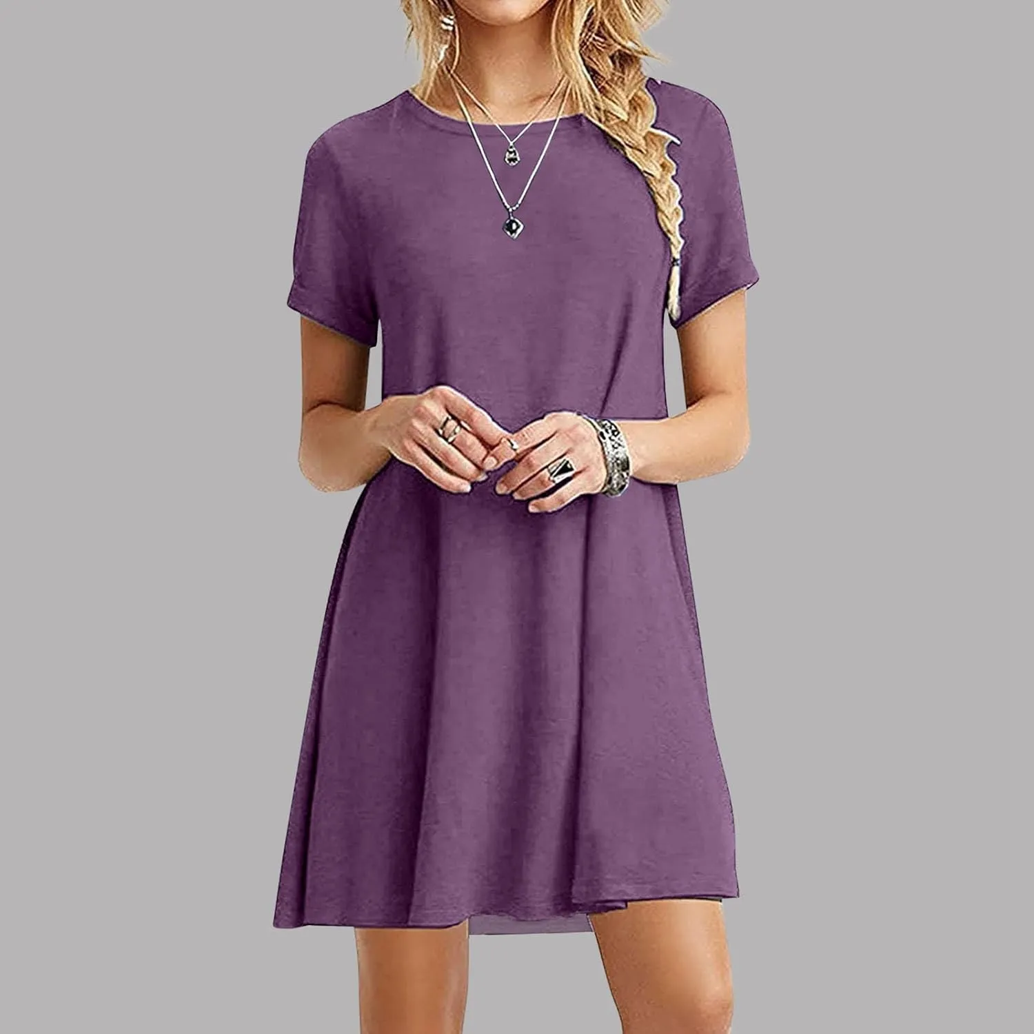 hlysgo Summer Mini Dress for Women Casual Loose Fit Short Sleeve Crew Neck T-Shirt Dresses Petite Ladies Knee Length Dress