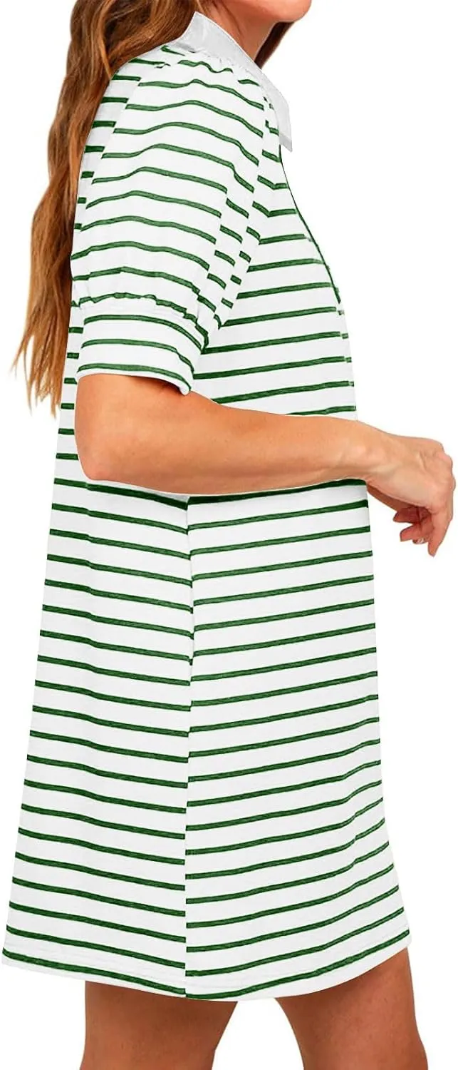 hlysgo Womens Summer Dresses 2025 Trendy Stripes Print Puff Short Sleeve V Neck Mini Dress Elegant Ladies Going Out Dress