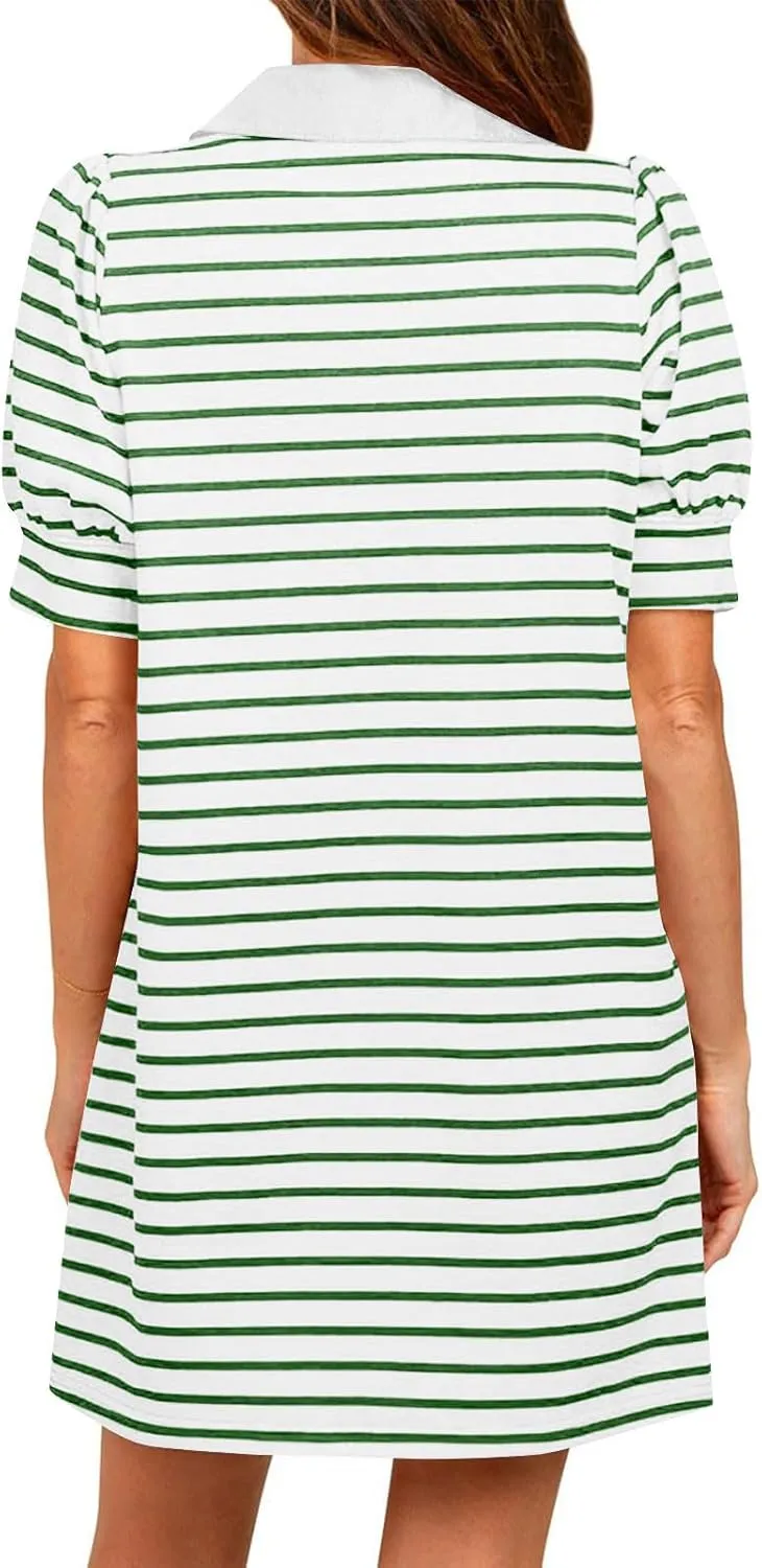 hlysgo Womens Summer Dresses 2025 Trendy Stripes Print Puff Short Sleeve V Neck Mini Dress Elegant Ladies Going Out Dress