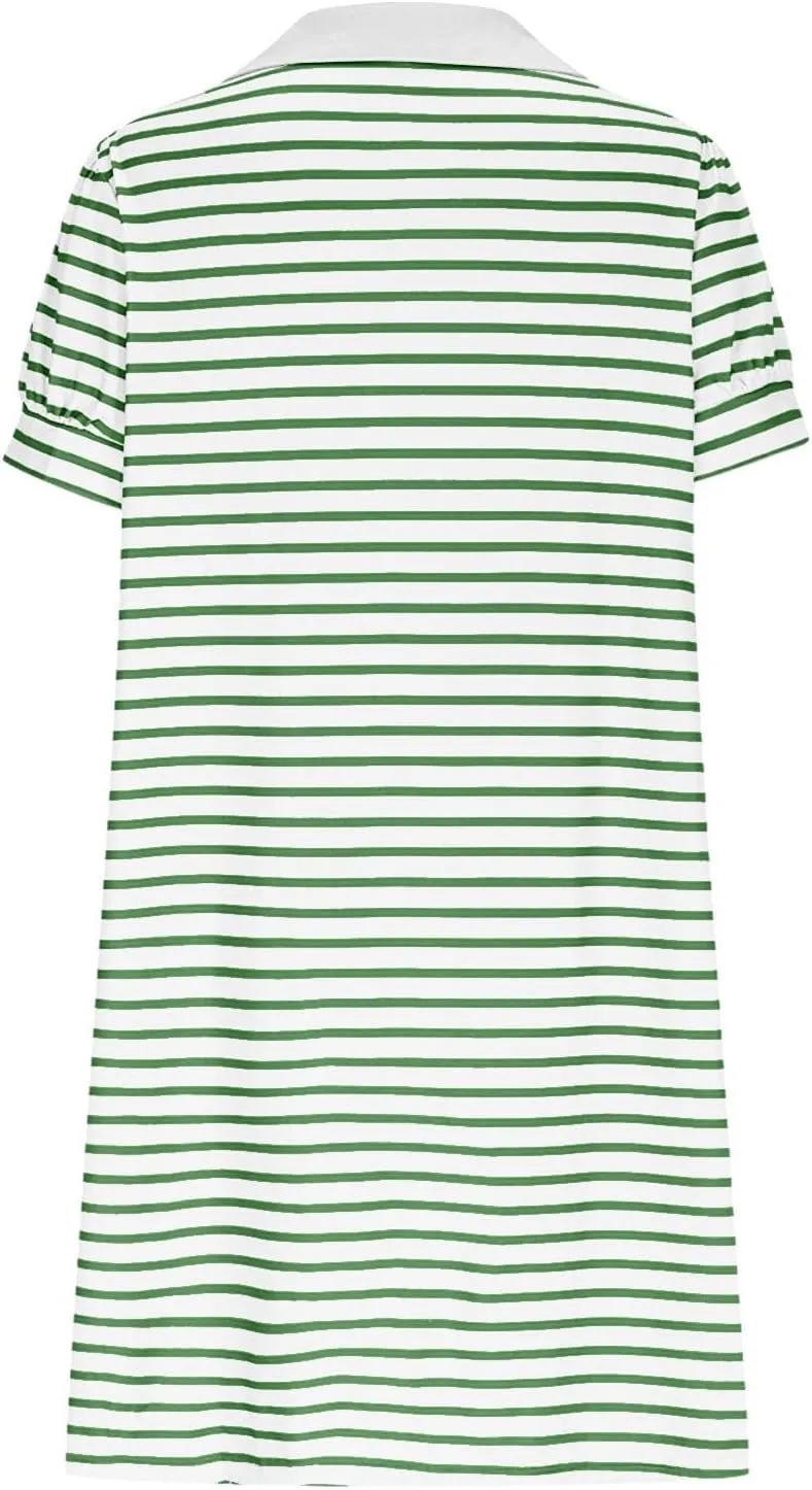 hlysgo Womens Summer Dresses 2025 Trendy Stripes Print Puff Short Sleeve V Neck Mini Dress Elegant Ladies Going Out Dress