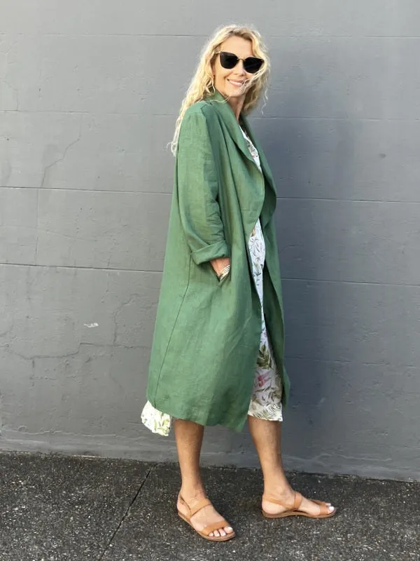 Jiva Antique Wash Linen Catherine Coat - Forever Green