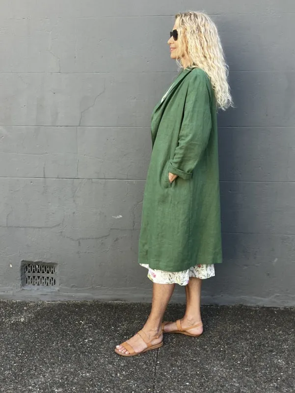 Jiva Antique Wash Linen Catherine Coat - Forever Green